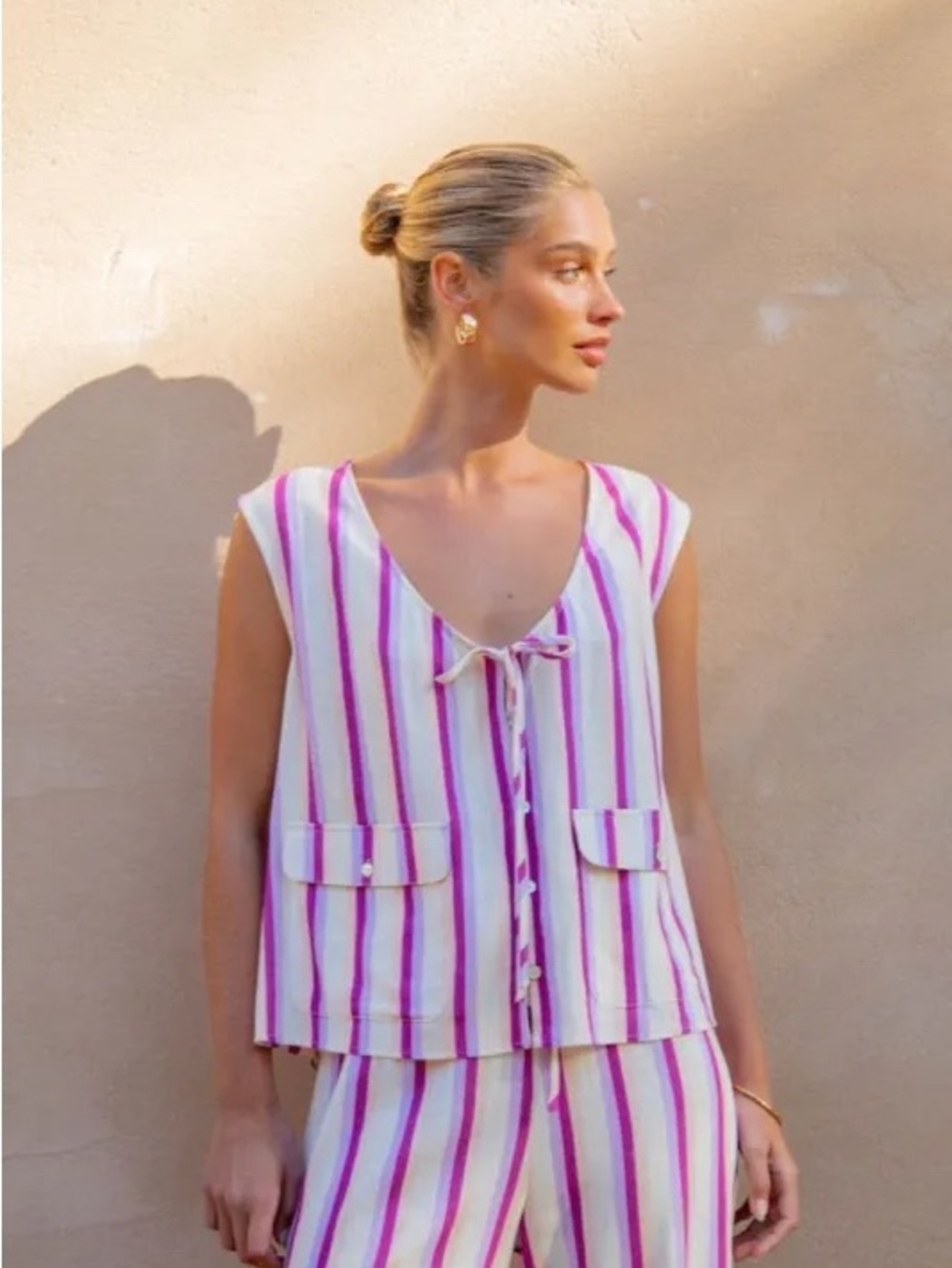 Striped Tie-Front Sleeveless Top in Pink and White
